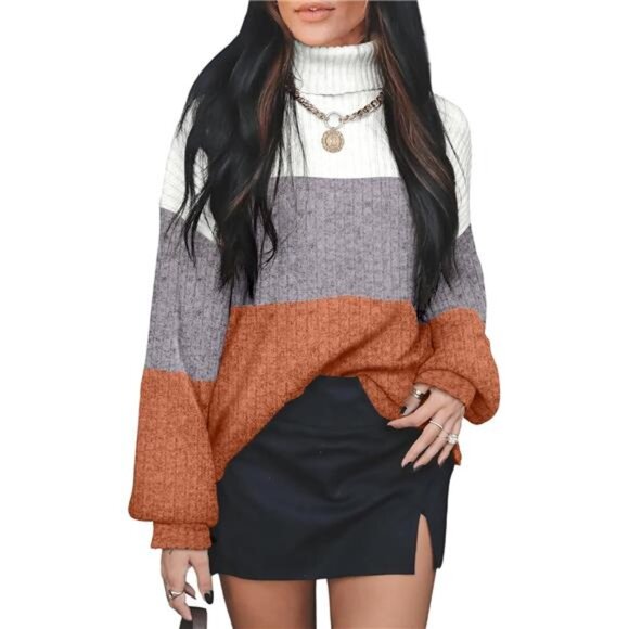 Boho Color Block Turtleneck Sweater – Oversized Long Sleeve Tunic Top for Women - Picture 1 of 5